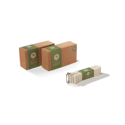 Yoga Combo Starter Kit - Set of 2 Natural Cork Block with 1 Cotton Strap/Belt 9ft