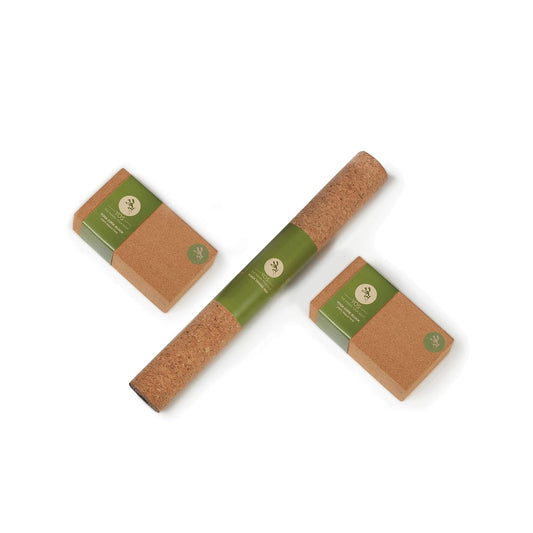 Yos Yoga Combo Starter Kit - Set of 2 Natural Cork Block with Yoga Travel Cork Mat (2mm)