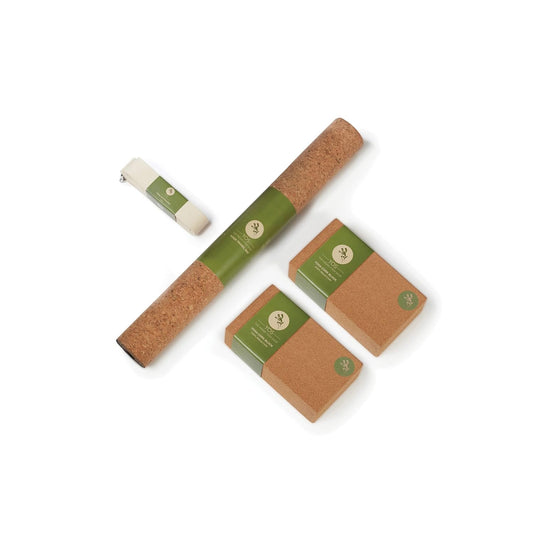 Yoga Combo Starter Kit - Set of 2 Natural Cork Block + Yoga Cotton Strap/Belt 9ft + Cork Travel Mat