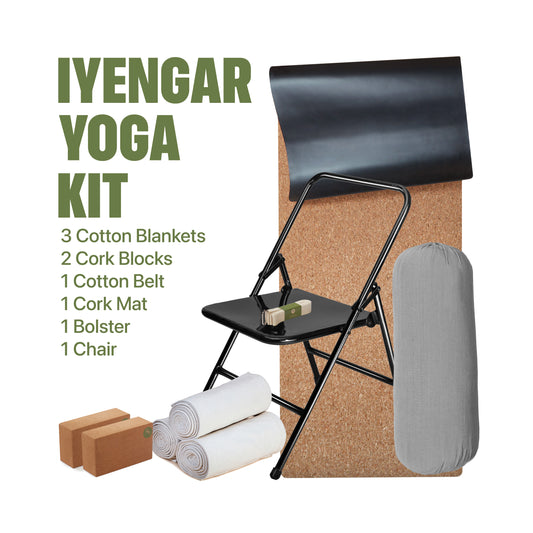 starter yoga kit for iyengar yoga, 3 blankets, 2 cork blocks, chair, bolster, belt and yoga mat